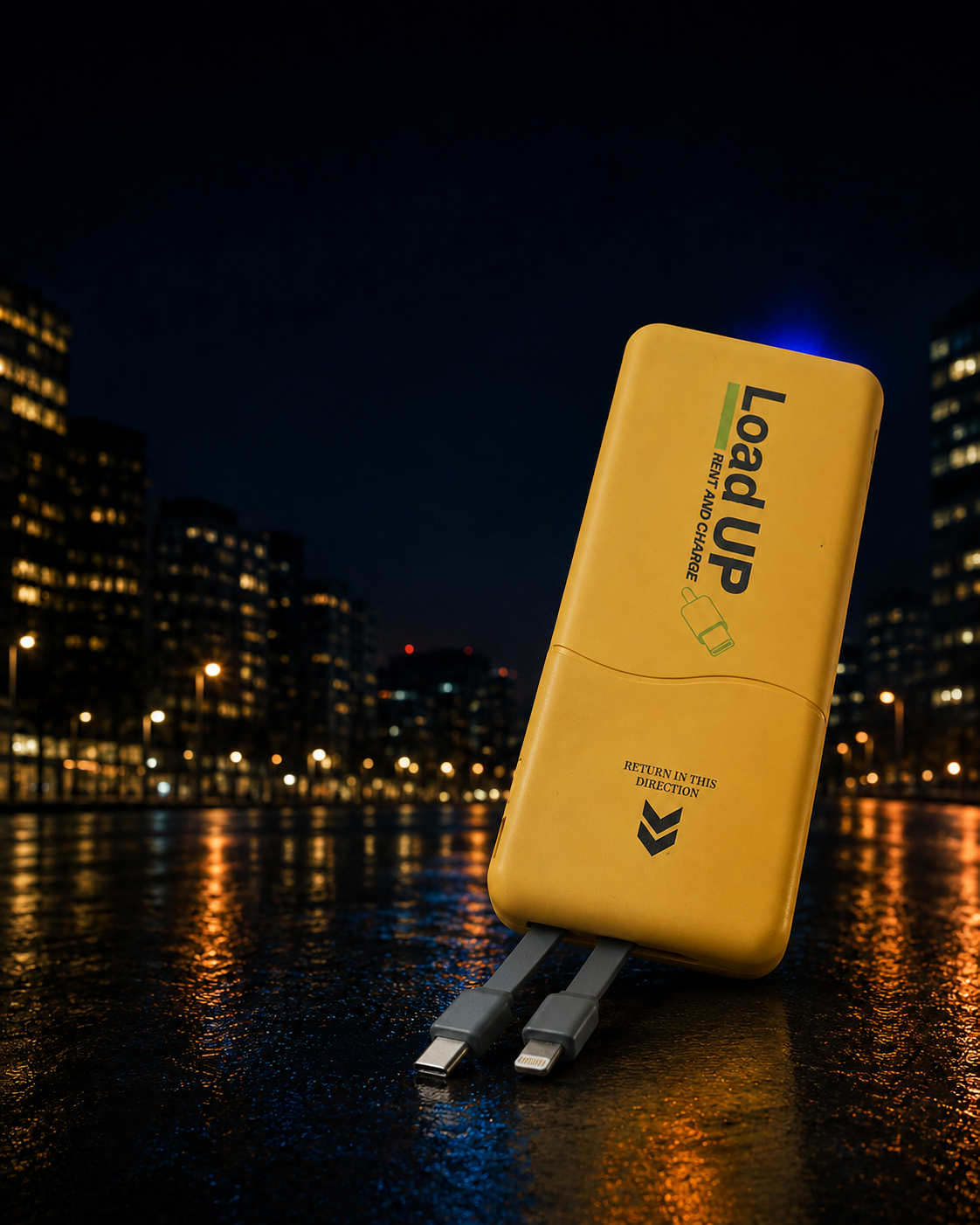 Gelbe LoadUP Powerbank mit integrierten USB-C- und Lightning-Steckern