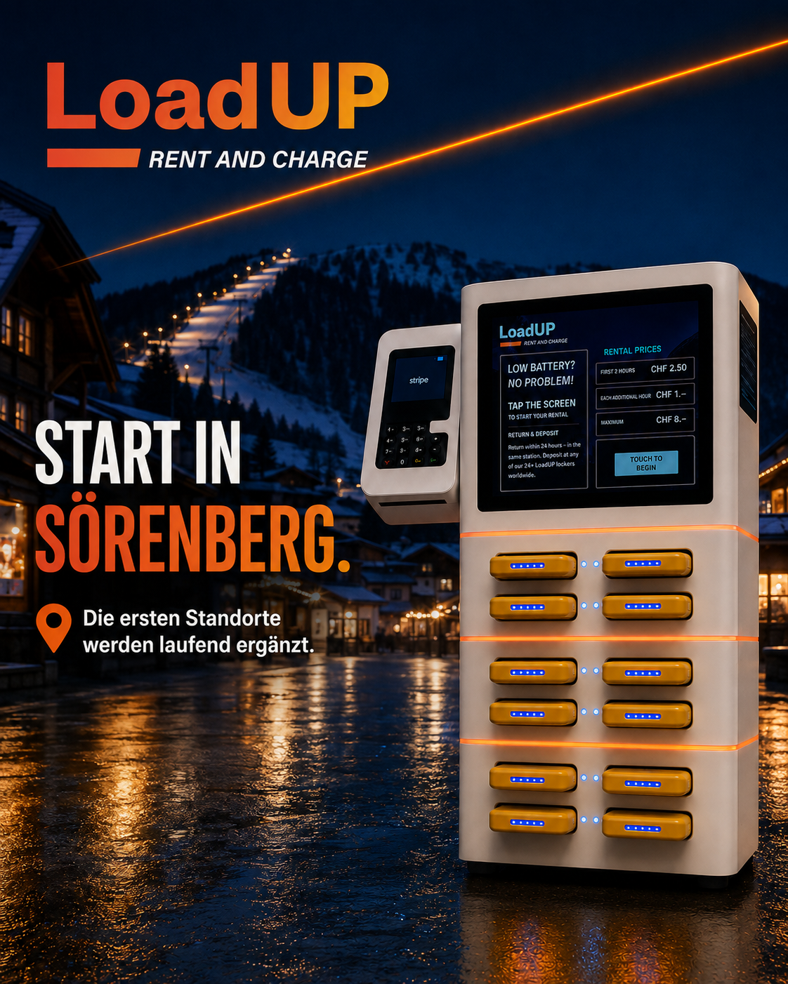 Weisse LoadUP Mietstation mit Touchscreen, Kartenterminal und zwölf gelben Powerbanks